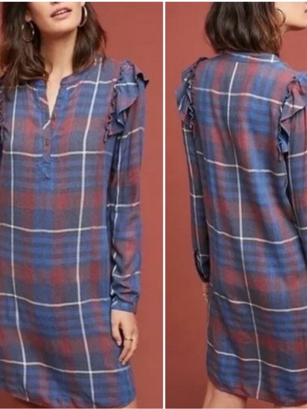 Anthropologie Plaid Ruffle-Shoulder Shirt Dress — Blue & Red